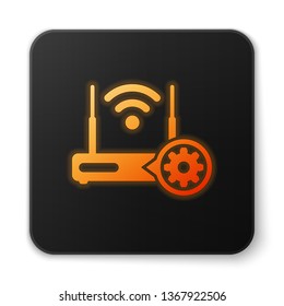 Orange glowing Router and wi-fi signal and gear icon on white background. Adjusting app, service concept, setting options, maintenance, repair, fixing. Black square button. Vector Illustration