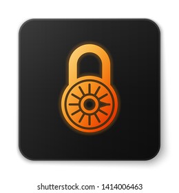 Orange glowing Safe combination lock wheel icon isolated on white background. Combination padlock. Security, safety, protection, password, privacy concept. Black square button. Vector Illustration