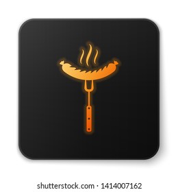 Orange glowing Sausage on the fork with steam icon isolated on white background. Grilled sausage and aroma sign. Black square button. Vector Illustration