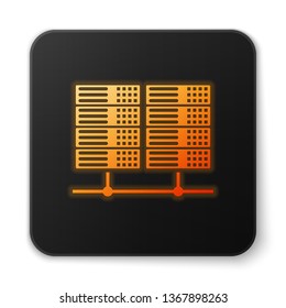 Orange glowing Server, Data, Web Hosting icon isolated on white background. Black square button. Vector Illustration