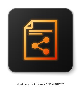 Orange glowing Share file icon isolated on white background. File sharing. File transfer sign. Black square button. Vector Illustration