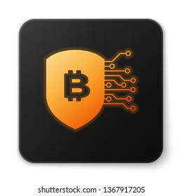 Orange glowing Shield with bitcoin icon isolated on white background. Cryptocurrency mining, blockchain technology, bitcoin, security, protect, digital money. Black square button. Vector Illustration