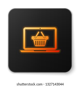 Orange glowing Shopping basket on screen laptop icon isolated on white background. Concept e-commerce, e-business, online business marketing. Black square button. Vector Illustration