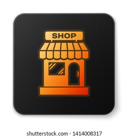 Orange glowing Shopping building or market store icon isolated on white background. Shop construction. Black square button. Vector Illustration