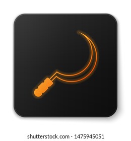 Orange glowing Sickle icon isolated on white background. Reaping hook sign. Black square button. Vector Illustration