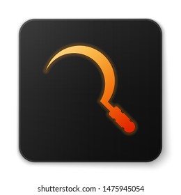 Orange glowing Sickle icon isolated on white background. Reaping hook sign. Black square button. Vector Illustration