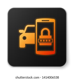 Orange glowing Smart car security system icon isolated on white background. The smartphone controls the car security on the wireless. Black square button. Vector Illustration