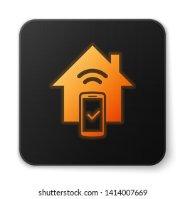 Orange glowing Smart home - remote control system icon isolated on white background. Black square button. Vector Illustration