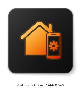 Orange glowing Smart home - remote control system icon isolated on white background. Black square button. Vector Illustration
