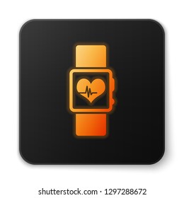 Orange glowing Smart watch showing heart beat rate icon isolated on white background. Fitness App concept. Black square button. Vector Illustration