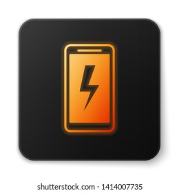 Orange glowing Smartphone charging battery icon isolated on white background. Phone with a low battery charge. Black square button. Vector Illustration