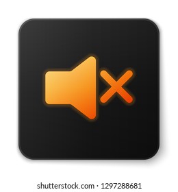 Orange glowing Speaker mute icon isolated on white background. No sound icon. Volume Off symbol. Black square button. Vector Illustration