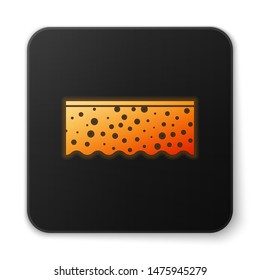 Orange glowing Sponge with bubbles icon isolated on white background. Wisp of bast for washing dishes. Cleaning service logo. Black square button. Vector Illustration