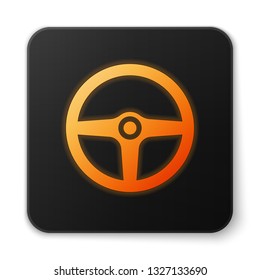 Orange glowing Steering wheel icon isolated on white background. Car wheel icon. Black square button. Vector Illustration