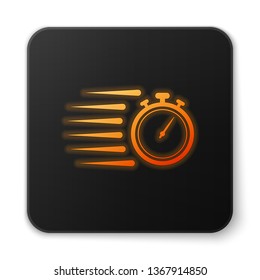 Orange glowing Stopwatch icon isolated on white background. Time timer sign. Chronometer sign. Black square button. Vector Illustration