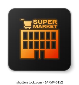 Orange glowing Supermarket building with shopping cart icon isolated on white background. Shop or store. Mall building. Black square button. Vector Illustration