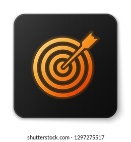Orange glowing Target with arrow icon isolated on white background. Dart board sign. Archery board icon. Dartboard sign. Business goal concept. Flat design. Black square button. Vector Illustration