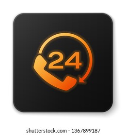 Orange glowing Telephone 24 hours support icon isolated on white background. All-day customer support call-center. Full time call services. Black square button. Vector Illustration