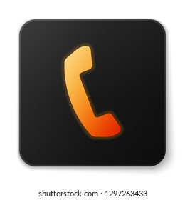 Orange glowing Telephone handset icon isolated on white background. Phone sign. Flat design. Black square button. Vector Illustration