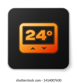 Orange glowing Thermostat icon isolated on white background. Temperature control. Black square button. Vector Illustration