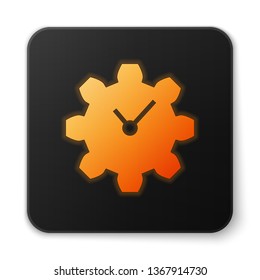 Orange glowing Time Management icon isolated on white background. Clock and gear sign. Productivity symbol. Black square button. Vector Illustration