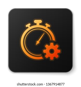 Orange glowing Time Management icon isolated on white background. Clock and gear sign. Productivity symbol. Black square button. Vector Illustration