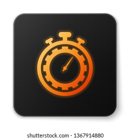 Orange glowing Time Management icon isolated on white background. Clock and gear sign. Productivity symbol. Black square button. Vector Illustration
