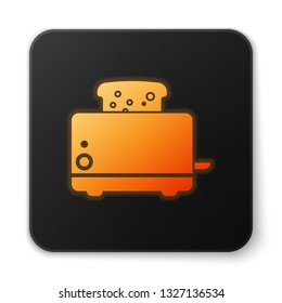 Orange glowing Toaster with toasts icon isolated on white background. Black square button. Vector Illustration