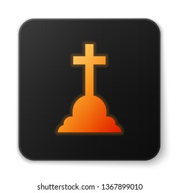 Orange glowing Tombstone with cross icon isolated on white background. Grave icon. Black square button. Vector Illustration