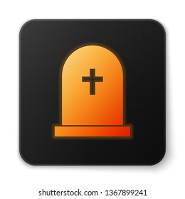 Orange glowing Tombstone with cross icon isolated on white background. Grave icon. Black square button. Vector Illustration