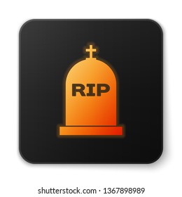 Orange glowing Tombstone with RIP written on it icon isolated on white background. Grave icon. Black square button. Vector Illustration