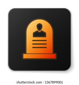 Orange glowing Tombstone with RIP written on it icon isolated on white background. Grave icon. Black square button. Vector Illustration