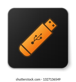 Orange glowing USB flash drive icon isolated on white background. Black square button. Vector Illustration