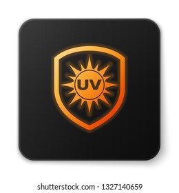 Orange glowing UV protection icon isolated on white background. Ultra violet rays radiation. SPF sun sign. Black square button. Vector Illustration