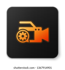 Orange glowing Video camera and gear icon isolated on white background. Adjusting app, service concept, setting options, maintenance, repair, fixing. Black square button. Vector Illustration