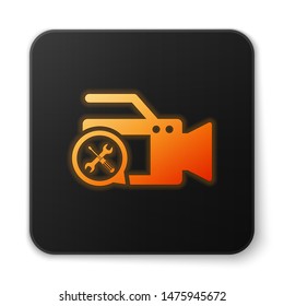 Orange glowing Video camera with screwdriver and wrench icon isolated on white background. Adjusting, service, setting, maintenance, repair, fixing. Black square button. Vector Illustration