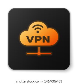 Orange glowing VPN Network cloud connection icon isolated on white background. Social technology. Cloud computing concept. Black square button. Vector Illustration