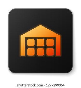 Orange glowing Warehouse icon isolated on white background. Black square button. Vector Illustration