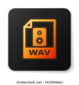 Orange glowing WAV file document icon. Download wav button icon isolated on white background. WAV waveform audio file format for digital audio riff files. Black square button. Vector Illustration