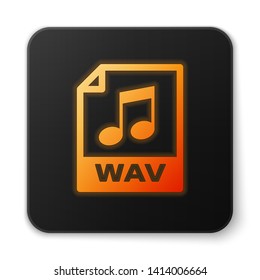 Orange glowing WAV file document icon. Download wav button icon isolated on white background. WAV waveform audio file format for digital audio riff files. Black square button. Vector Illustration