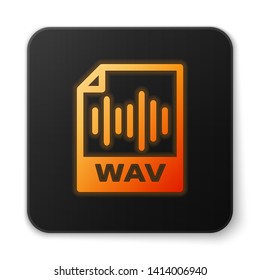 Orange glowing WAV file document icon. Download wav button icon isolated on white background. WAV waveform audio file format for digital audio riff files. Black square button. Vector Illustration