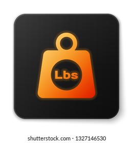 Orange glowing Weight pounds icon isolated on white background. Pounds weight block for weight lifting and scale. Mass symbol. Black square button. Vector Illustration