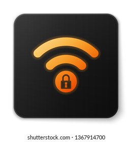 Orange glowing Wifi locked sign icon isolated on white background. Password Wi-fi symbol. Wireless Network icon. Wifi zone. Black square button. Vector Illustration