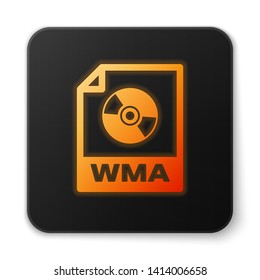 Orange glowing WMA file document icon. Download wma button icon isolated on white background. WMA file symbol. Wma music format sign. Black square button. Vector Illustration