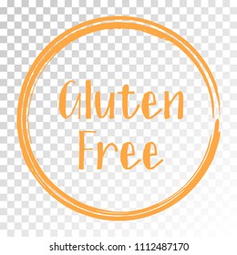 Orange gluten free label vector, painted round emblem icon for products free of gluten packaging, food pack. No gluten sign in frame, tag circle stamp with border, logo shape label graphic design.