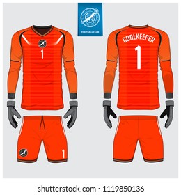 Orange Goalkeeper jersey or soccer kit, long sleeve jersey, goalkeeper glove template design. Sport t-shirt mock up. Front and back view football uniform. Flat football logo label. Vector Illustration