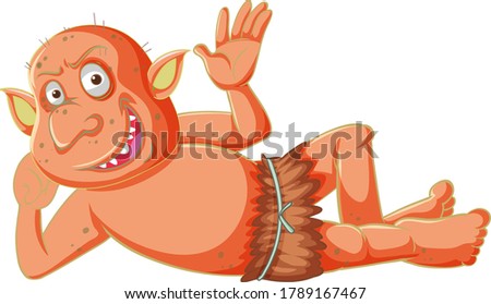 Orange goblin or troll smile while lying down in cartoon character isolated illustration