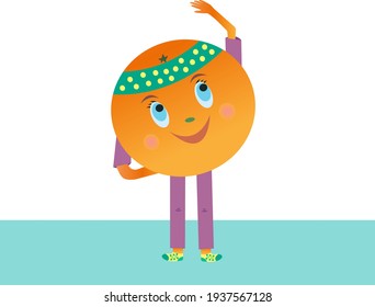 Orange goes in for sports. The orange is doing exercises. The fruit is kneading. Vector illustration