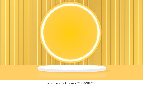 Orange gold 3D room with realistic cylinder pedestal podium. Minimal scene for product display presentation. Stage for showcase. Vector geometric design platform.
