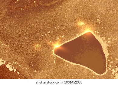 Orange and gold abstract background. Alcohol ink marble texture with glitter. Template for banner, poster design. Fluid art painting